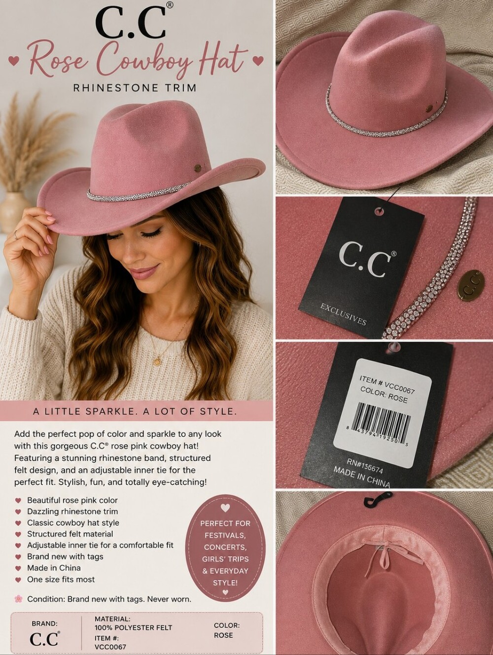 C.C Rose Rhinestone-Trim Cowboy Hat - Rose Pink